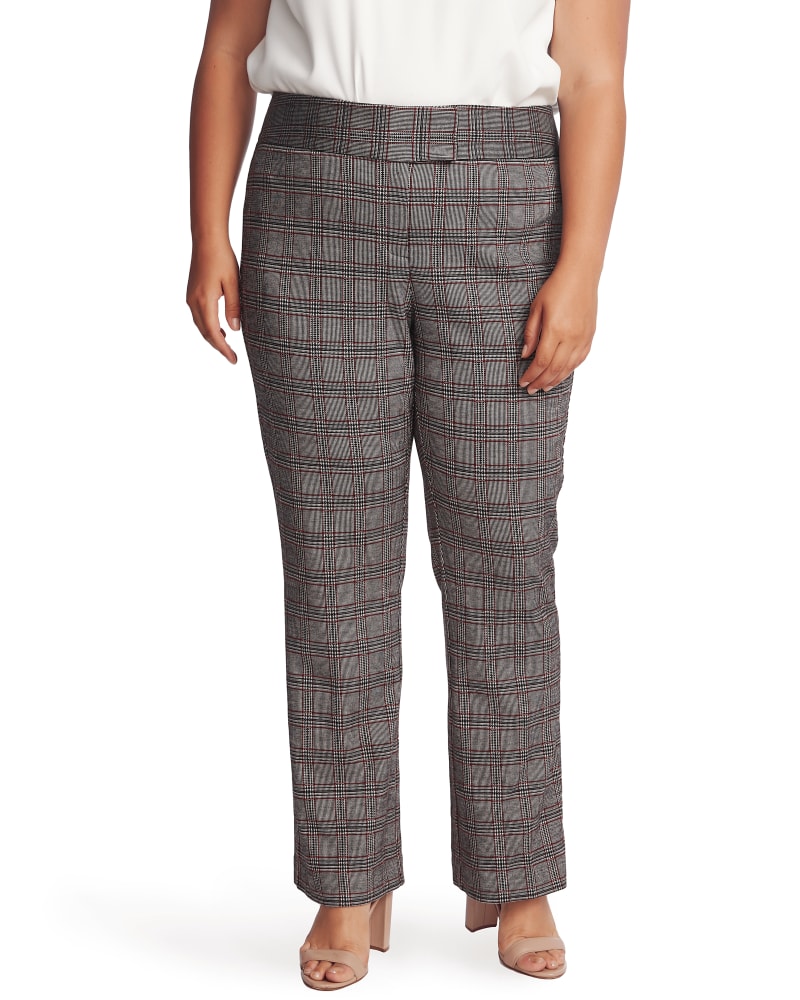 Front of a model wearing a size 14 Arya Plaid Straight-Leg Pants in 060-RICH BLACK by CeCe. | dia_product_style_image_id:263710